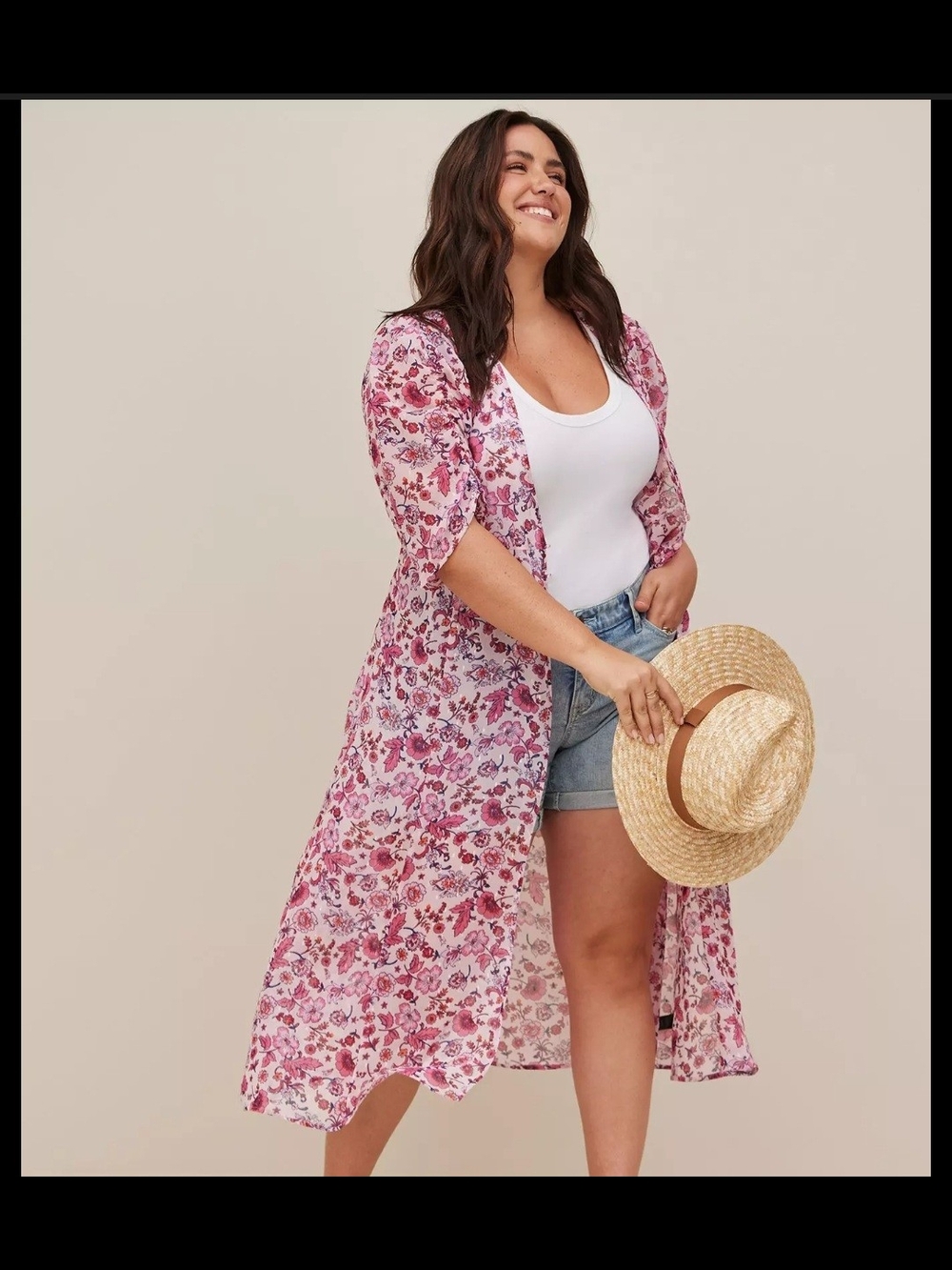 torrid Pink Floral Maxi Kimono Coverup Size M/L Chiffin Ruched Sleeves